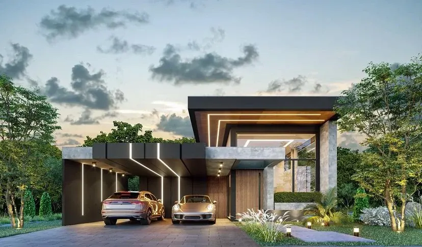 Residência contemporânea com garagem coberta, iluminação e paisagismo