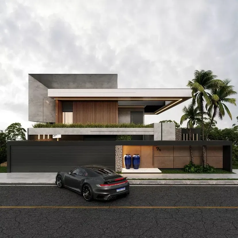 Fachada frontal de residência contemporânea com madeira e paisagismo tropical